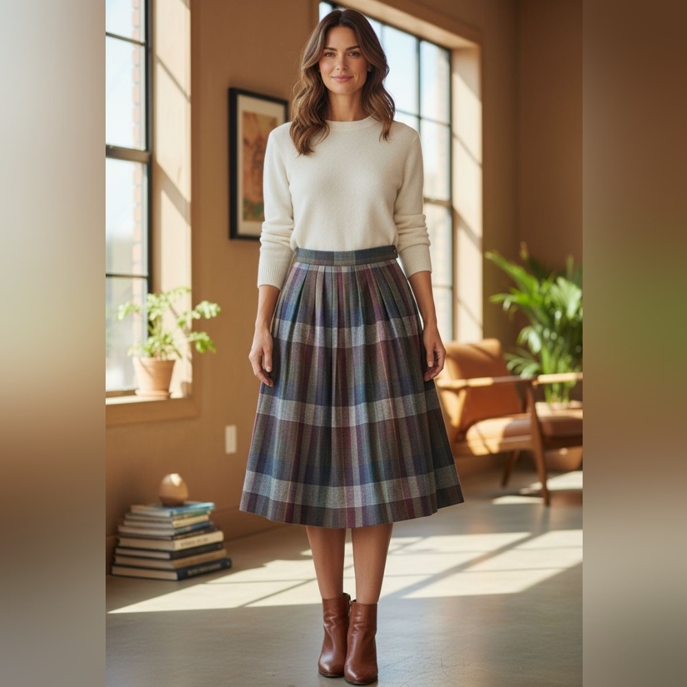 Plaid A-Line Midi Skirt - Multicolor